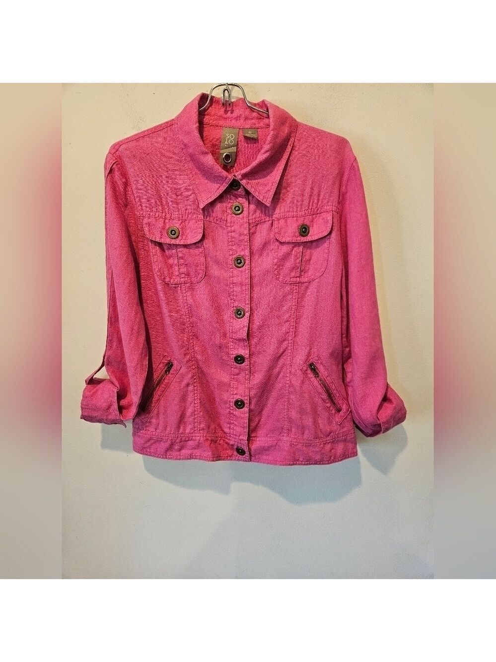 SOLO MODA WOMEN'S PINK LINEN SNAP DOWN LONG SLEEVED JACKET SIZE 10 BARBIECORE